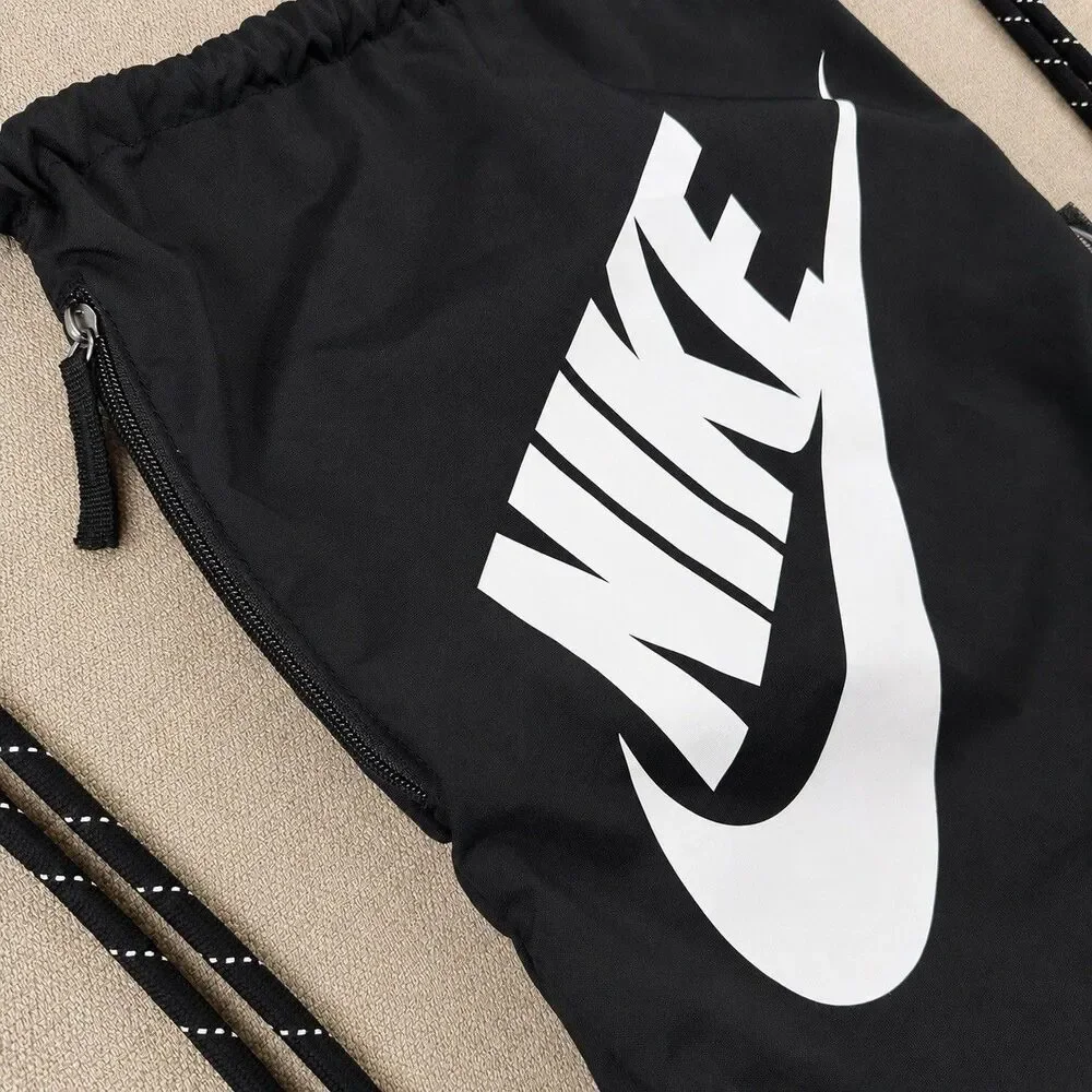 Nike Heritage Drawstring Backpack Black White Swoosh Gym Sack DC4245-010